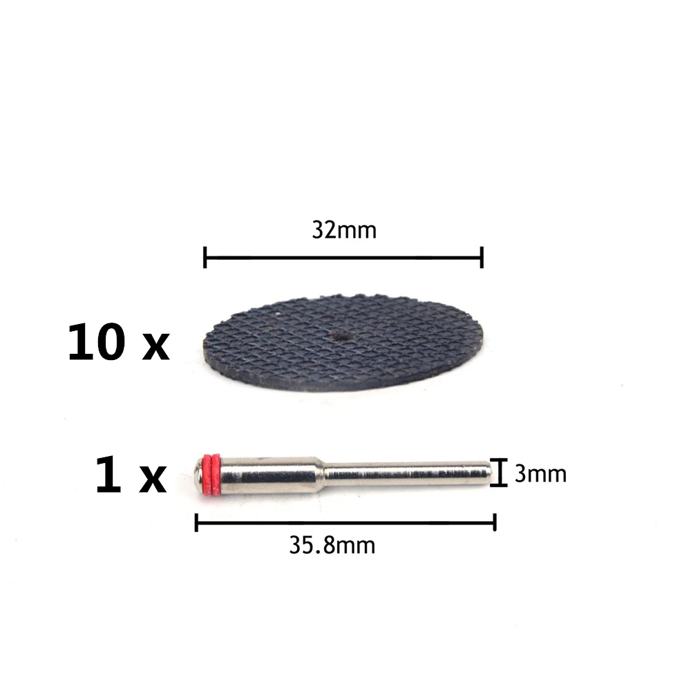 32mm Set POLIWELL 10 шт. двойное волокно веб смолы режущие диски+ 3 мм диаметр стержня отрезные колеса для металла Dremel поворотные тонкие режущие инструменты - Цвет: 32mm Set