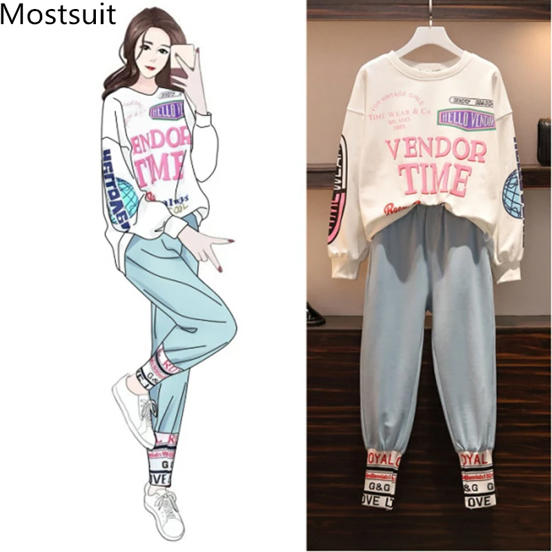 Casual повседневные корейские спортивные комплекты из двух предметов, женские свитшоты и штаны больших размеров с буквенным принтом, модные спортивные костюмы Kawaii