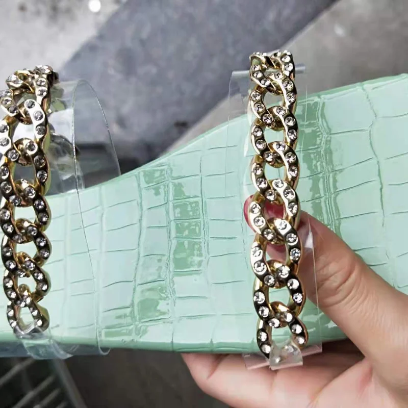 

Ladies' Beach Slippers Flat-bottomed Square Toe Rhinestone One Font Shoes Female Transparent Bing Double Metal Chain Sandals