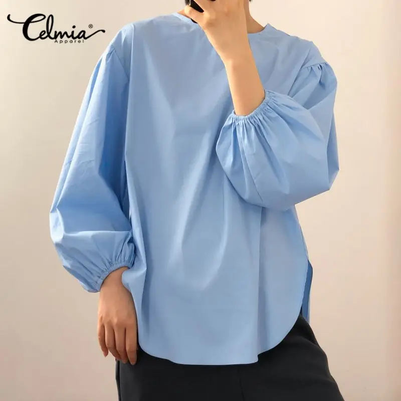 

Celmia Elegant Office Tops Women 2021 Autumn Oversized Casual Loose O-Neck Basic Blouses Fashion Long Puff Sleeve Solid Blusas