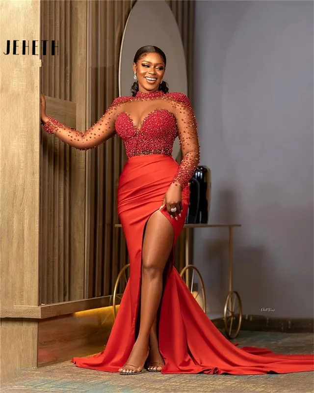 

JEHETH Red Evening Dresses Mermaid Formal Women Elegant Slit Party Gown Beaded Dinner Gowns Long Sleeve vestidos de noche
