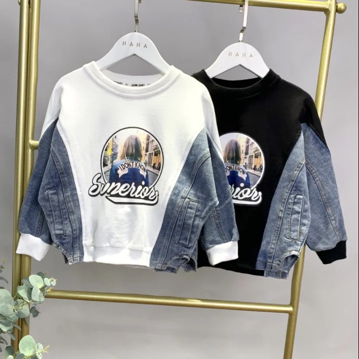 Детская джинсовая футболка для девочек Модная хлопковая с длинным рукавом
