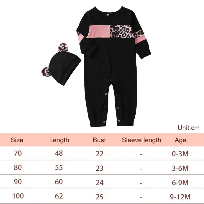 

2021 Spring New Baby Girls Boys Suits Stitching Leopard Print Color Matching Round Neck Rompers +Hat 2pcs/set 0-12M
