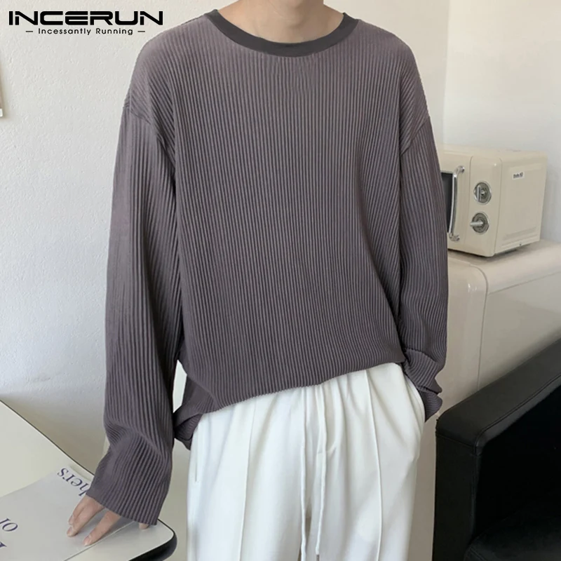 

Fashion Casual New Men's Solid Hot Sale Camiseta Handsome Male Well Fitting Sense Of Pleated Long-sleeved T-shirts S-5XL INCERUN