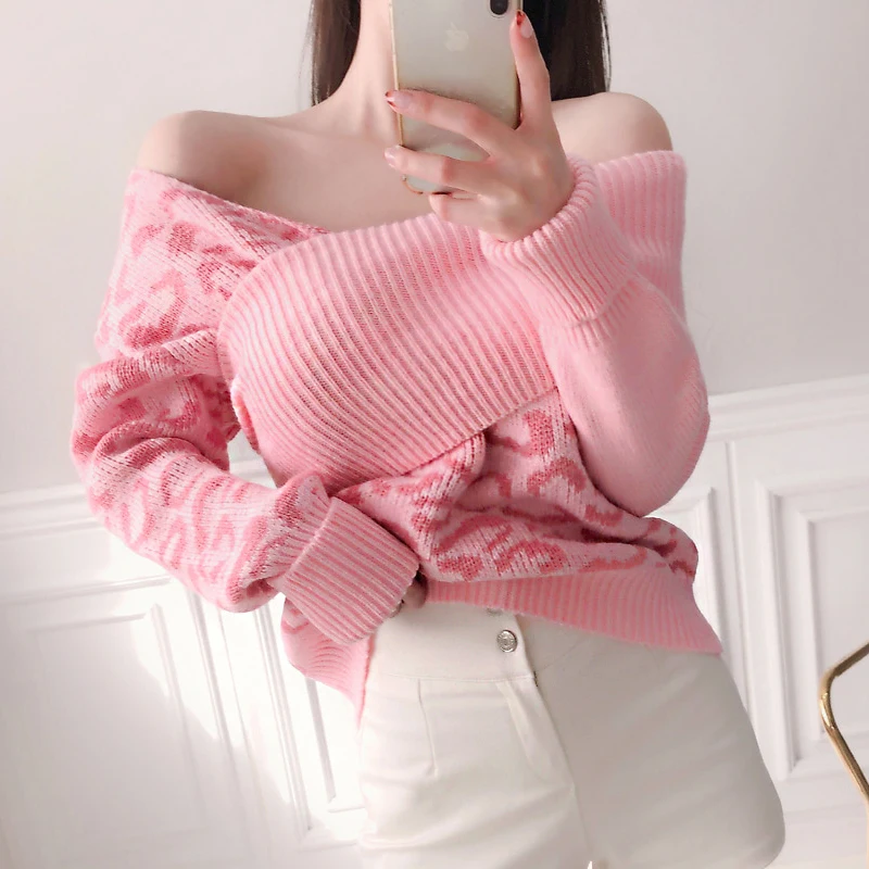 

Han edition pink sweater female winter sets leopard grain irregular off-the-shoulder long-sleeved sweater