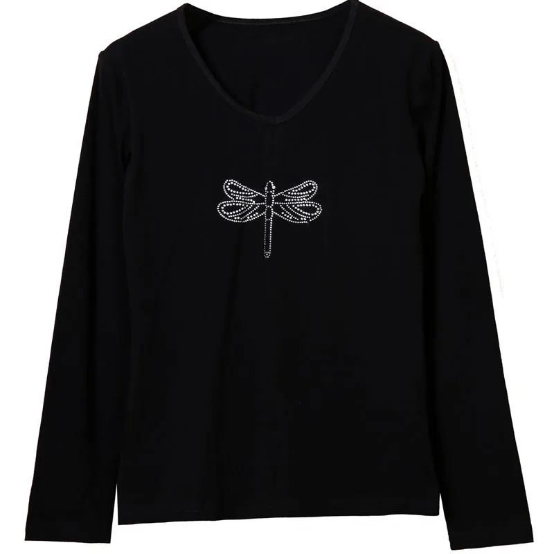 

Plus Size Women Streetwear Clothes 2020 Diamonds T-shirt Solid Black Drill T shirts Female T-shirts Harajuku O-neck Tops T128