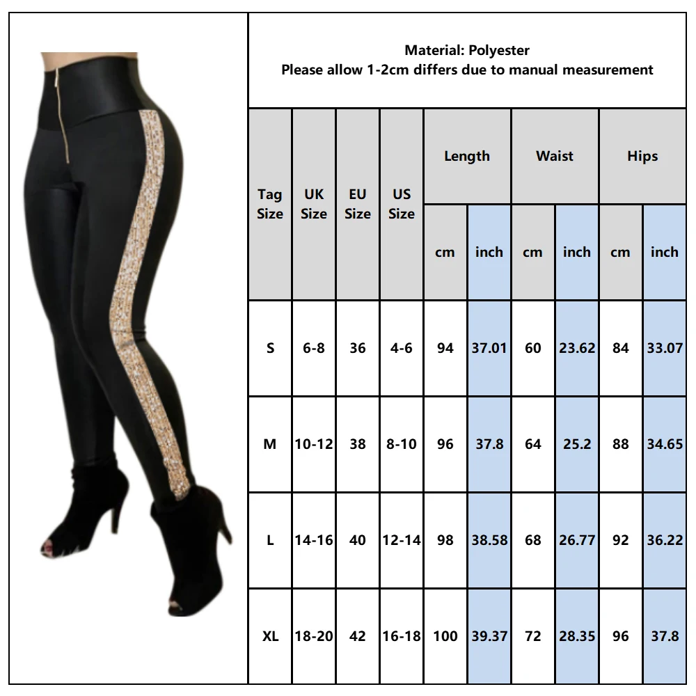 

Zipper Front Trousers Women Side Sequins Pants Black Slim High Waist Stretch Ladies Spring Fashion Female Fashion Streetwear D30
