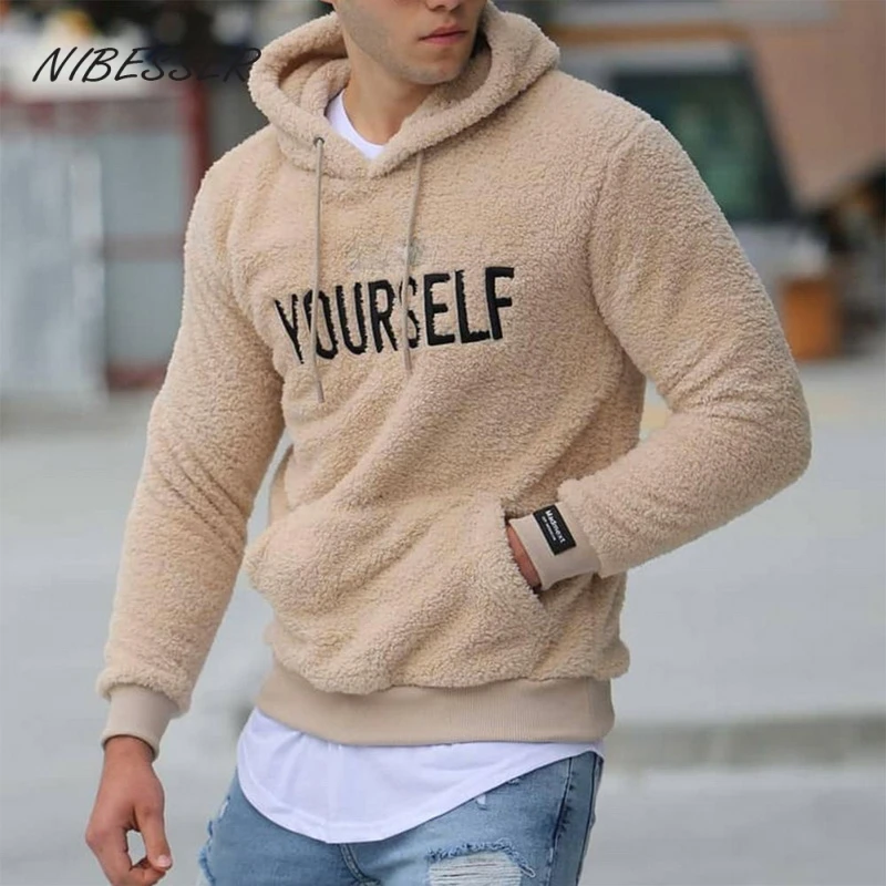 

NIBESESR Autumn Winter Men Warm Plush Fleece Hoodie Sweatshirts Casual Long Sleeve Pocket Letter Print Hooded Pullover Top