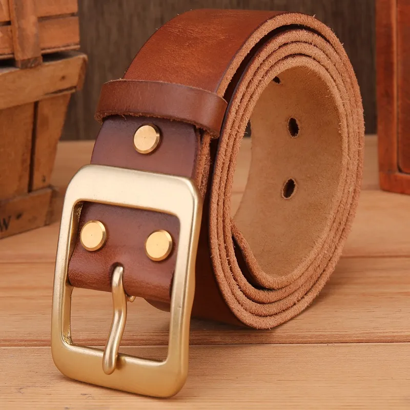 khaki brass buckle Твердый латунный ремешок с пряжкой из натуральной кожи, мягкие мужские ремни, Роскошные из натуральной кожи коричневого цвета, высокое качество, 3,8 см, ковбойский стильный кофейный - Цвет: khaki brass buckle