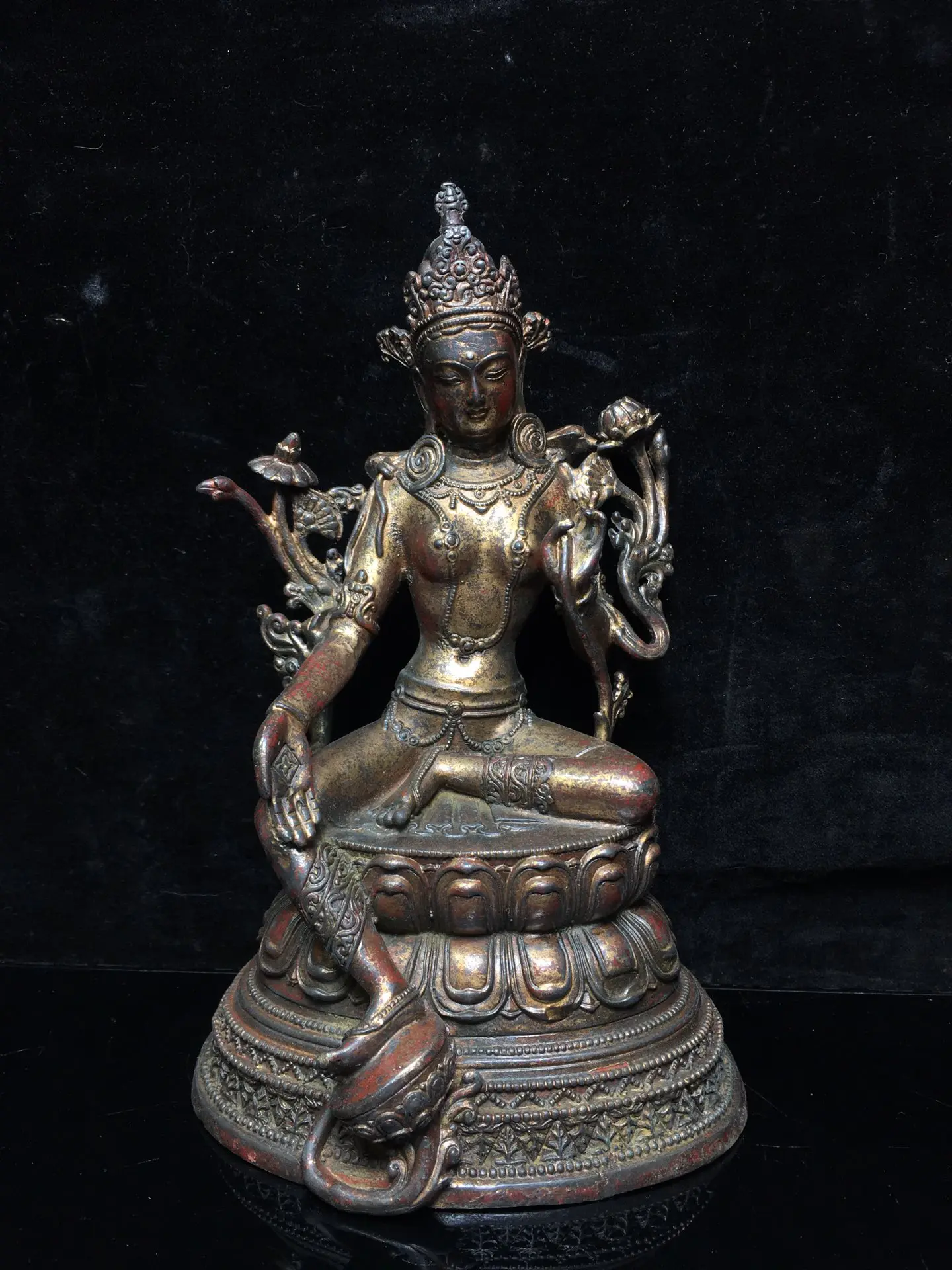 

9" Tibet Buddhism Old Bronze Cinnabar Lacquer Green Tara Bodhisattva statue Double Lotus Terrace Sitting Buddha Enshrine