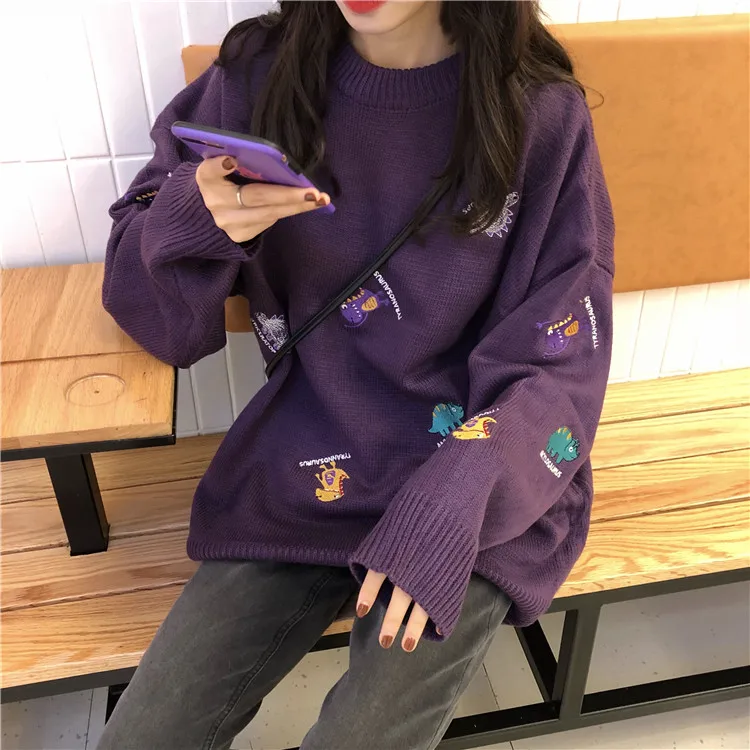 Женские свитера в японском стиле Kawaii Ulzzang Свободный пуловер с вышивкой женский