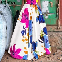 women vintage floral print long maxi skirts summer casual elastic waist pleated long skirt vonda 2021 streetwears