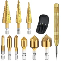 10pcs step drill bit set 14 inch hex shank 5 flute countersink drill bit set with 5 inch automatic spring center punch