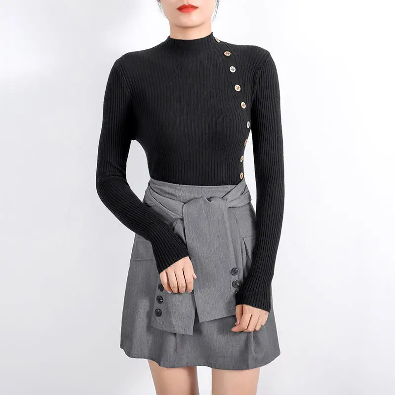 Autumn O-neck Sexy Slim Sweater Botton Desgin Knitted Pullover Women Casual Vintage Sweater Colthing Female Knit Tops