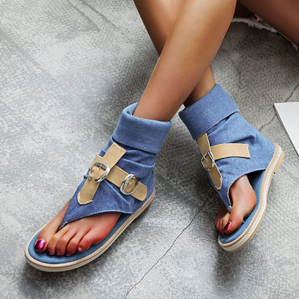 Модные летние сандалии из денима смешанных цветов обувь на Плоском Каблуке с