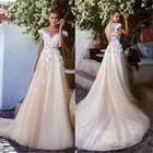 Кружевное свадебное платье-трапеция с глубоким круглым вырезом и аппликацией, свадебные платья из тюля с открытой спиной, длинные рукава с 3d-цветами, украшенные