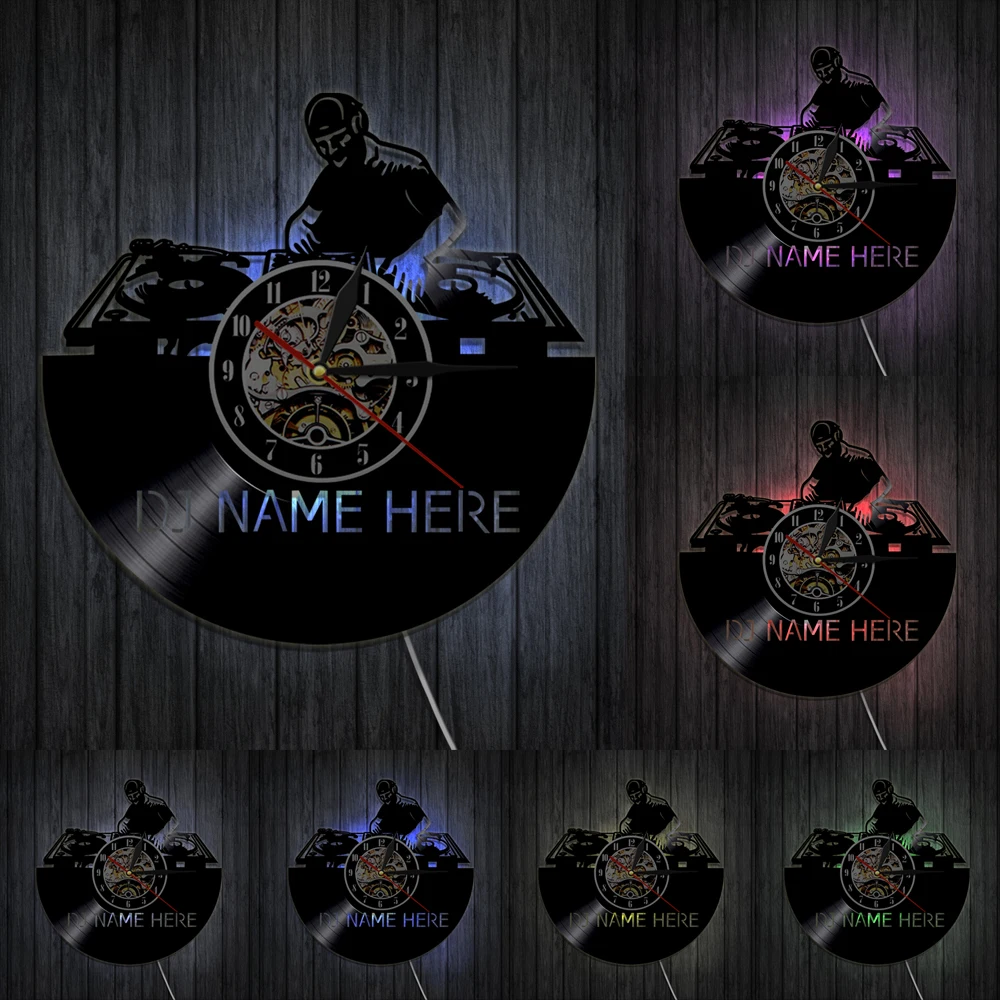 Пользовательские DJ название силуэт значок ди-Джея с резным узором часы в виде