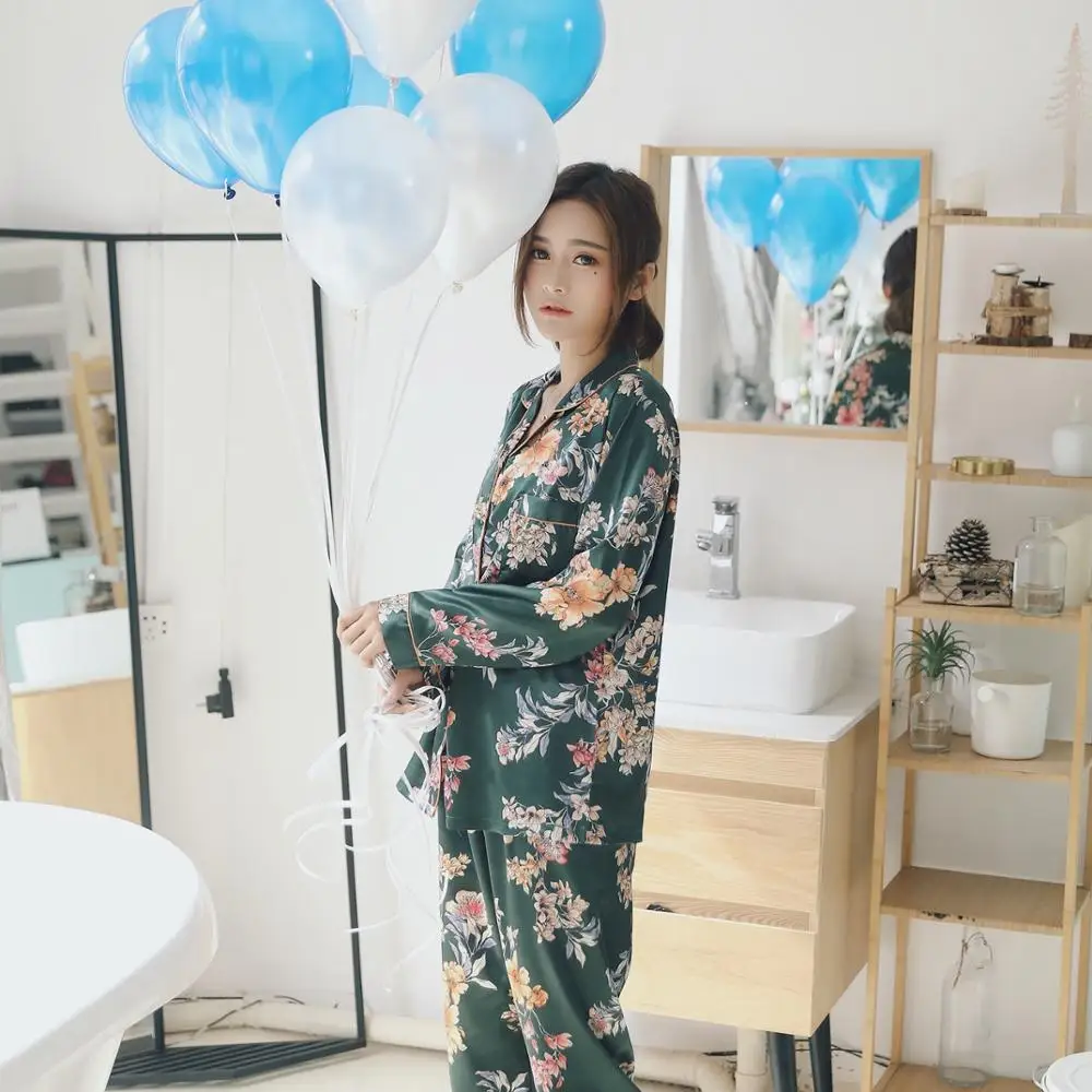 Пижамы с длинными рукавами брюки имитация шелковые пижамы женская новая милая