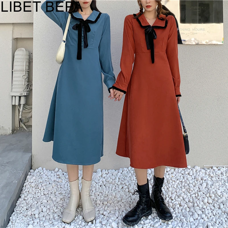 

2021 New Spring Autumn Women Knitting Dress Basic Bottoming Vintage Elegant Korean Style Lace Up Bow Lady Long Dresses DR30004