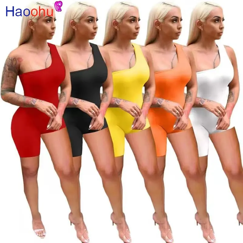 

HAOOHU Solid High Low Skew Neck Playsuit for Active Sleeveless Bodycon Romper Summer Workout Overalls