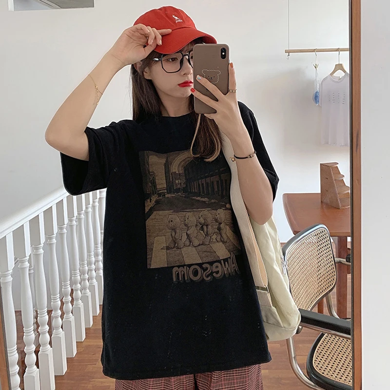 

European and American Internet Hot Fashion Brand Retro Short Sleeve T-shirt Female Ins Summer Korean Style Loose Student