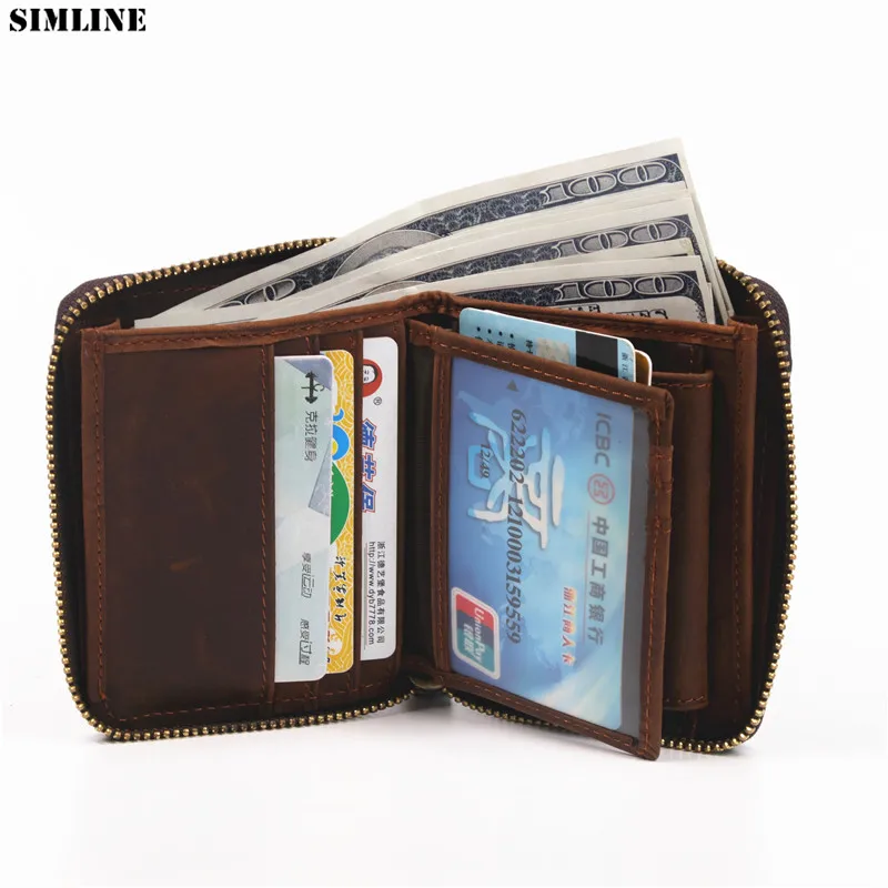 Портмоне SIMLINE мужское из натуральной кожи винтажный короткий кошелек на молнии с