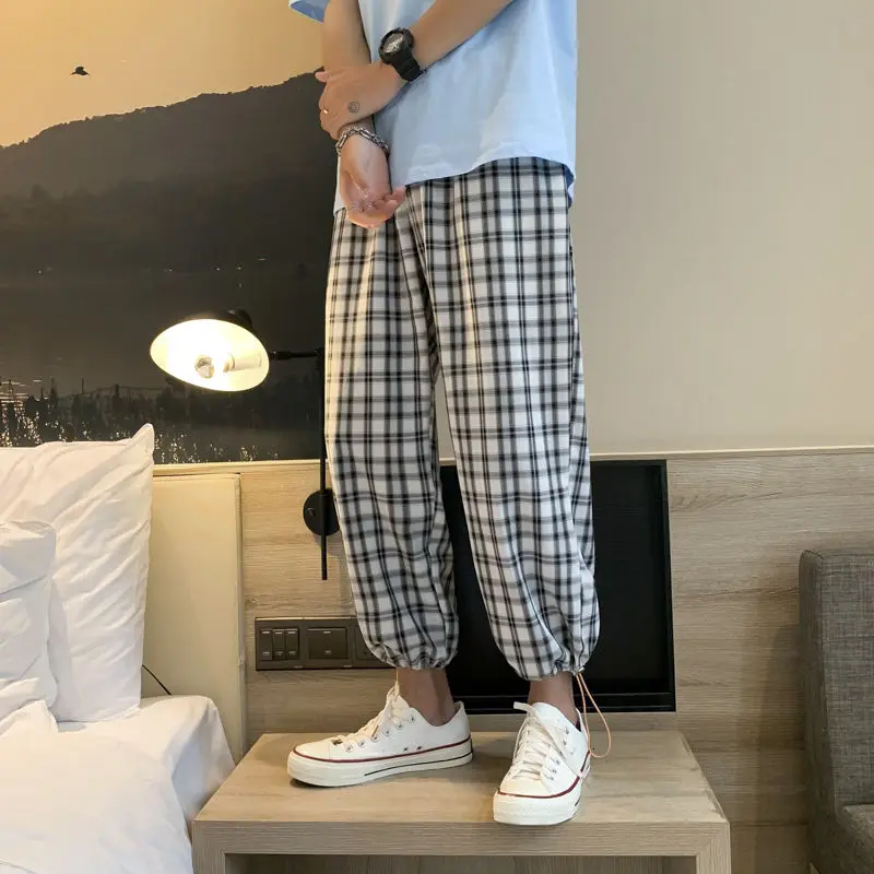 

Men's Women's Plaid Leggings 2021 Spring Summer White Black Casual Pants Loose Drawstring Couples Leisure Streetwear Korean