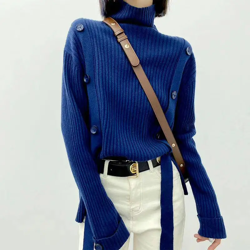 

Women Autumn Sweater 2022 Solid Double Breasted Knitted Turtleneck Pullovers Female Tops Casual Loose Slim Split Sweaters Lady