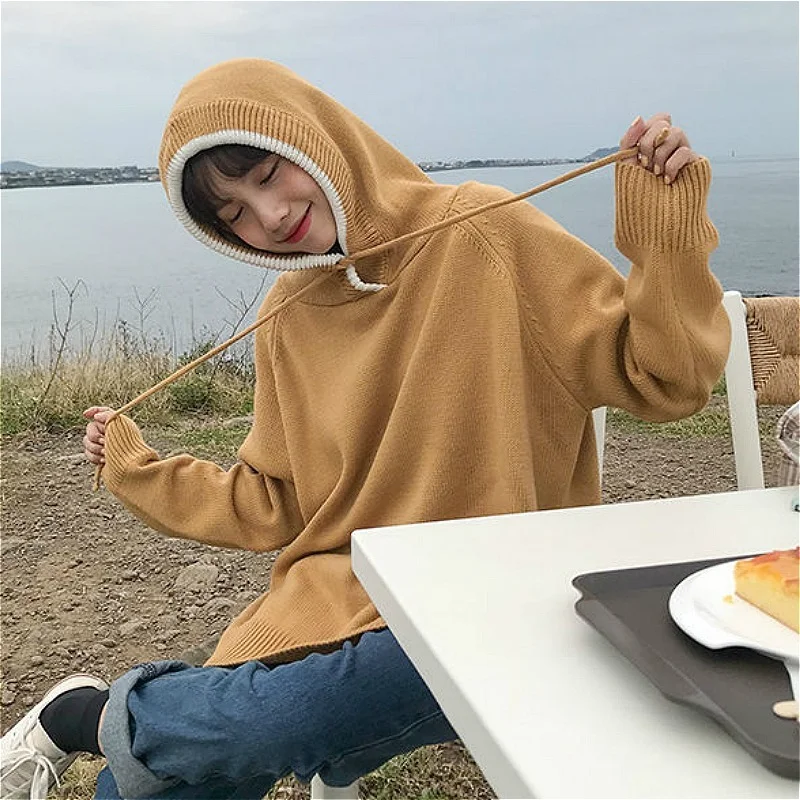 

Pullovers Women Lace-up Hooded Solid Color Loose Students Fresh All-match Casual Harajuku Trendy Autumn Sweaters Ulzzang Preppy