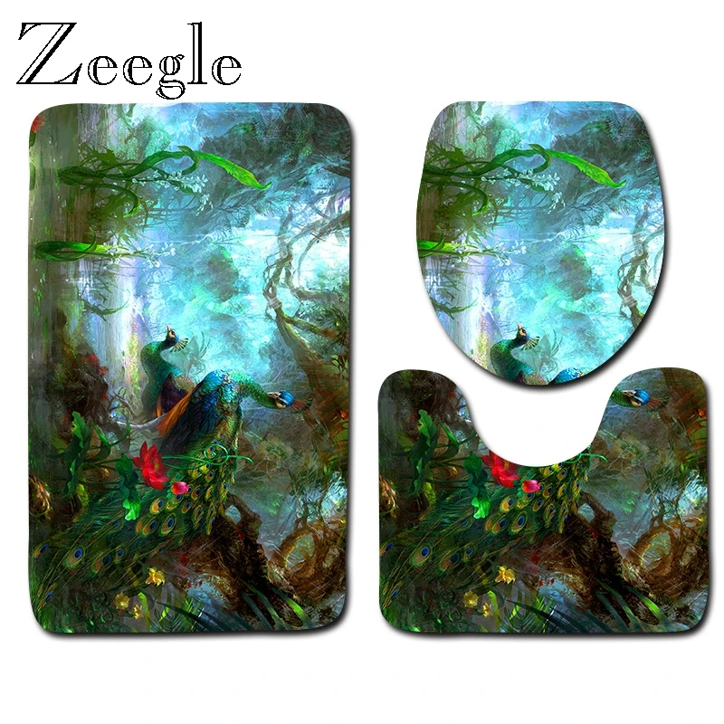 Красочные Павлин коврик для ванной комнаты Набор Противоскользящий Ванная