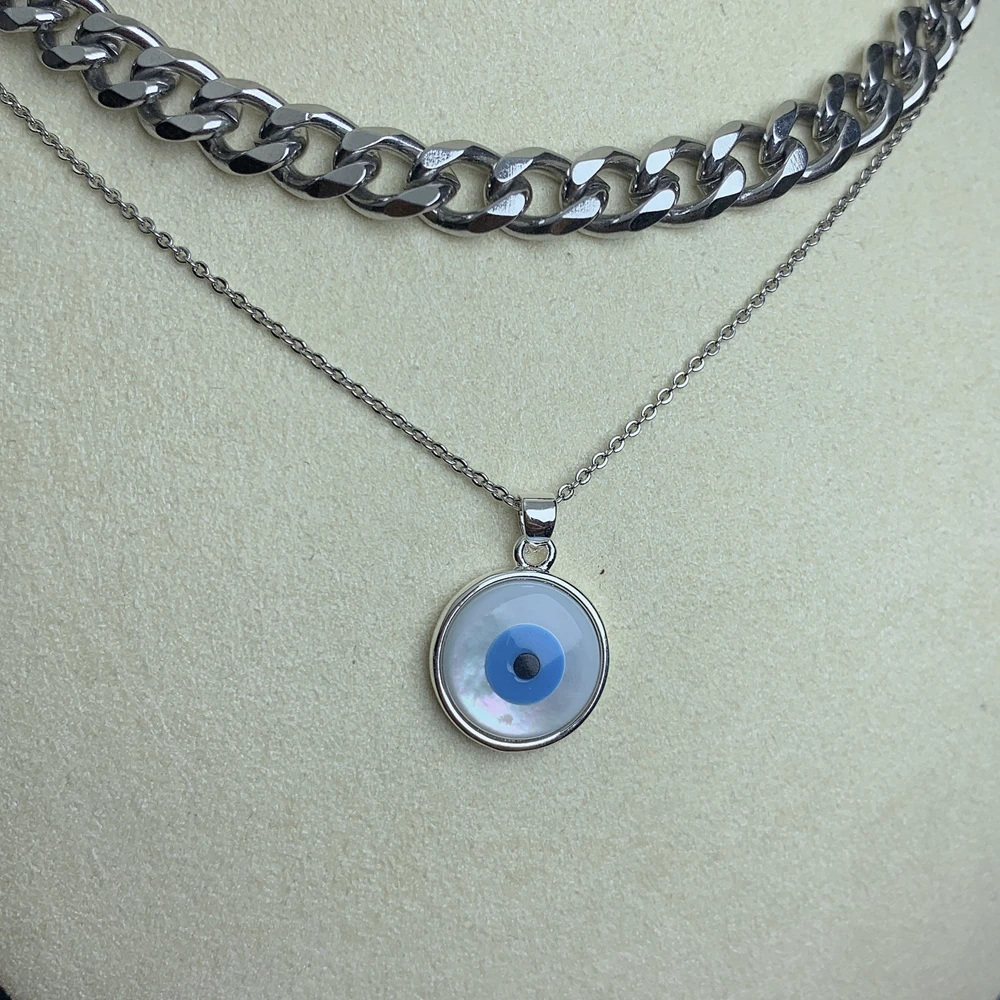 Classic Round Blue Evil Eye Pendant Necklace For Women 2021 MOP Pearl Shell Double Layer Stainless Steel Choker Women's Jewelry