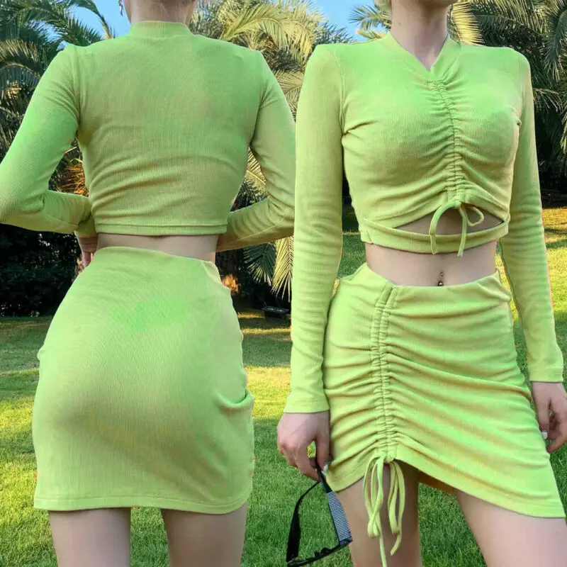 Новые осенние Мода Женский комплект 2 шт. Топ Мини юбка-карандаш зеленого цвета