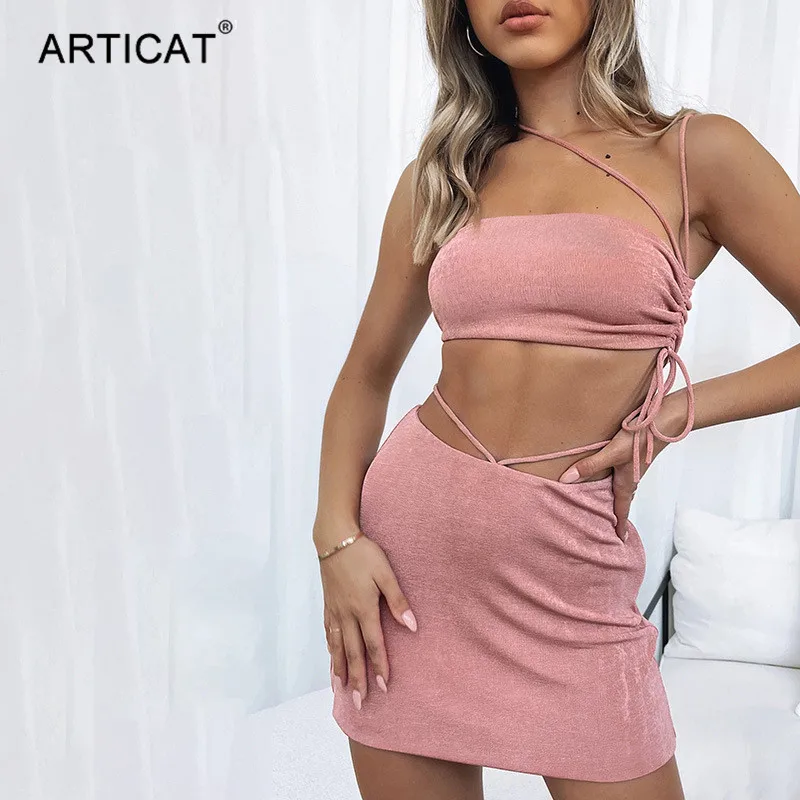 

Articat Drawstring 2 Pieces Skirt Sets Women Strapless Ruched Camis Bandage Mini Bodycon Skirts Suit Matching Set Solid Outfits