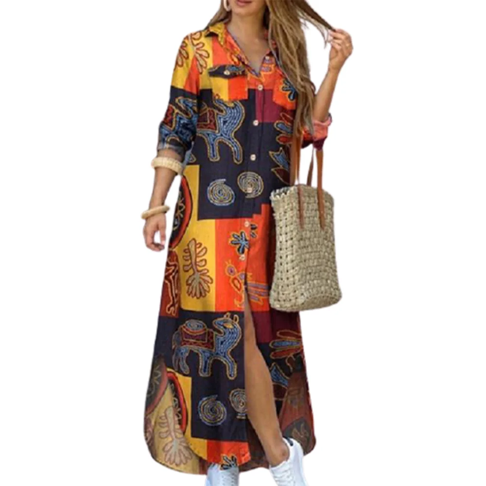 

VICABO Dresses Women Fashion Color Block Shirt Vestidos Plus Size Turn Down Collar Button Female Dress Sexy Maxi Woman Dress