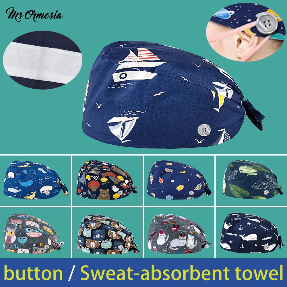 Оптовая продажа хлопок дышащий с пуговицами цветочный принт скраб шляпа для