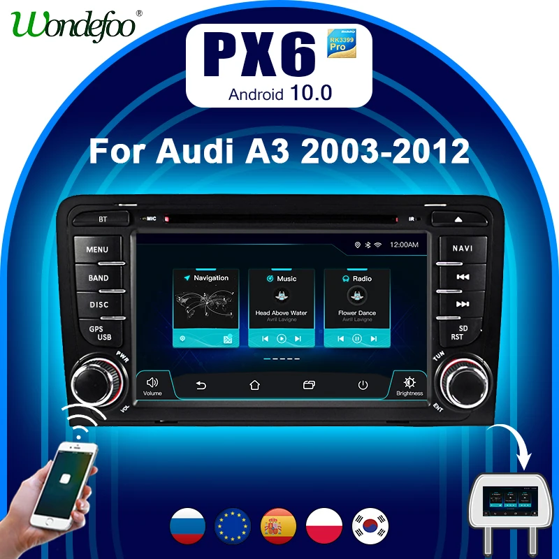 Автомобильный DVD плеер CARPLAY PX6 Android 10 2 DIN для Audi A3 8P 2003 2012 S3 2006 RS3 Sportback 2011 gps Радио