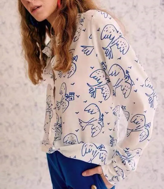 

Hand Painted Graffiti Print Shirts Women Long-sleeved Turn-down Collar 2022 Spring Chemise Top Single Breasted Female Blouse