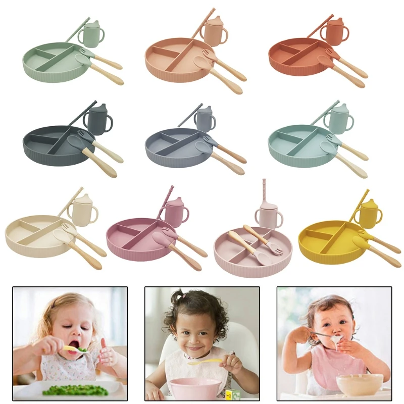 

5 Pcs Baby Learning Feeding Tableware Set Divided Dinner Plate Bowl Spoon Fork Sippy Bottle Double Handle Straw Cups