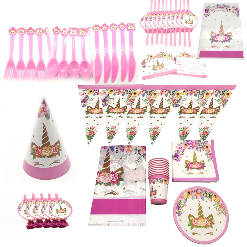 

135pcs/lot Unicorn Theme Birthday Party Decorate Tableware Set Tablecloth Plates Cups Hats Bags Straws Baby Shower Napkins Flags