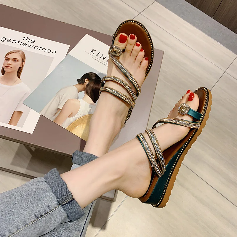 Women Shoes Summer New Fashion Toe Thick bottom Sandals Leisure Solid Outside Wedges Shallow  4cm High Heels Wear two Con cise