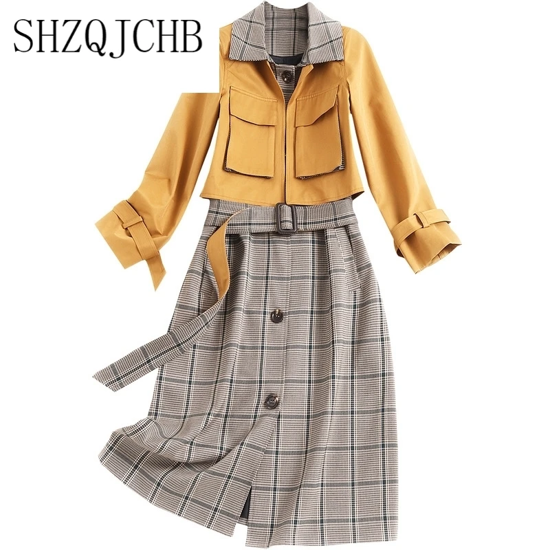 

Windbreaker Autumn Female 2021 New Fashion Casual Single Breasted Simple Brand Classic Plaid Long Trench Coat With Belt Chic