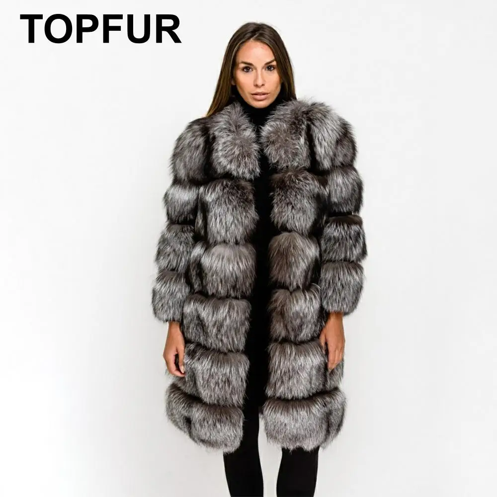 Женская Шуба из натурального меха TOPFUR длинная шуба Меха чернобурки с капюшоном и