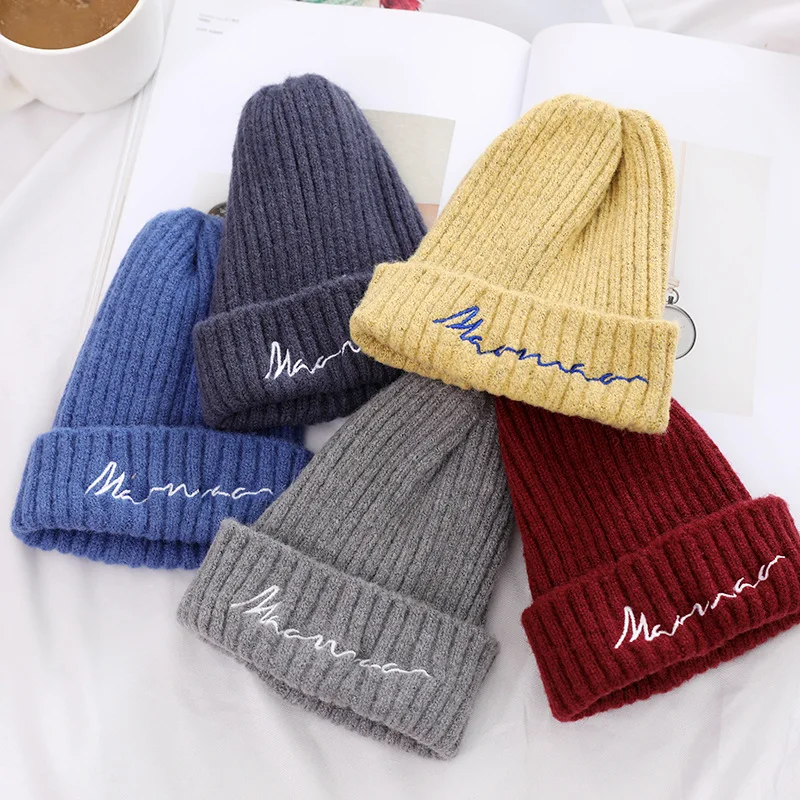 Новая зимняя однотонная шерстяная вязаная шапка с вышитыми буквами модная