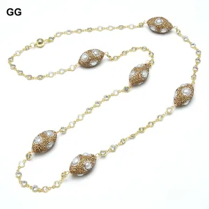 GuaiGuai Jewelry Natural White Keshi Pearl Crystal CZ Pave Station Chain Necklace Gold Plated Cz Chain 39" Handmade For Women