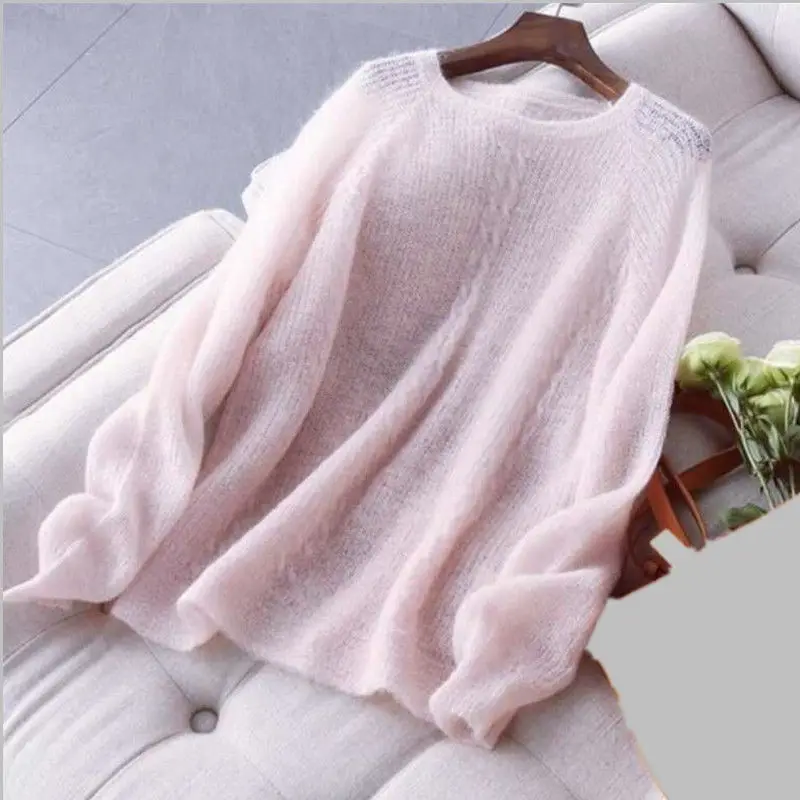 

Long-sleeved Round Neck Thin Sweater Women Loose Solid Color Hollow Simple Bottoming Pullover Sweater Female Spring Summer 2021