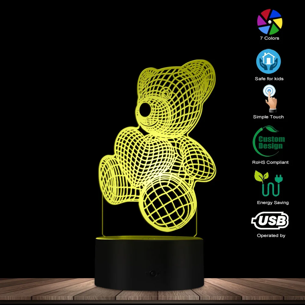 Симпатичный медведь с любящим сердцем 3D эффект Оптическая иллюзия светильник