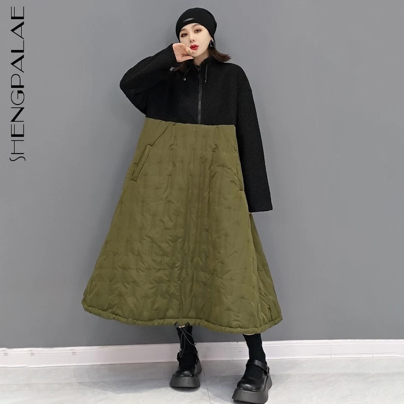 

SHENGPALAE модное контрастное цветное платье с хлопковой подкладкой женские зимние 2021 новые свободные платья до середины икры с воротником-стой...