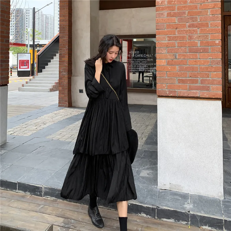 EAD 2020 spring new shirt dress female Korean temperament Slim loose waist lapel long sleeve chiffon black white | Женская одежда