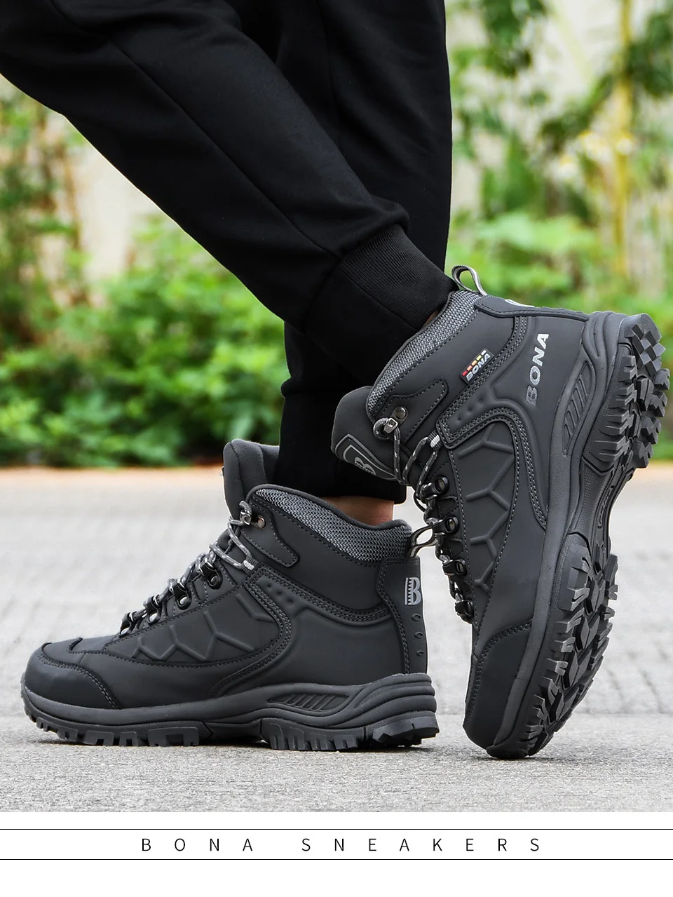 BONA New Leather Hiking Shoes Men Autumn Winter Climbing Boots High Top Trekking Hunting Shoe Trainers Black Waterproof Sports