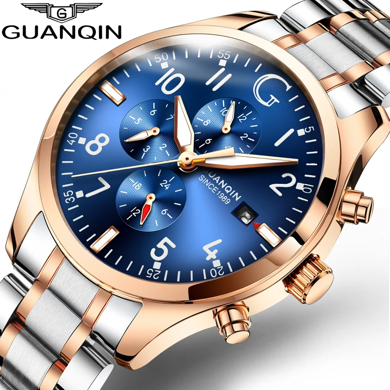 GUANQIN Men Automatic watch Waterproof Business Mechanical Wristwatch Fashion Male Clock Watches Week Date Blue men watches